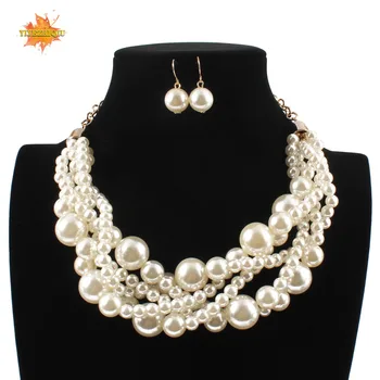 

Exaggerate Big Size Beads Multi-layer Necklace Wedding Jewelry Set Simulated-pearl Necklace Earrings Set turkish jewelry