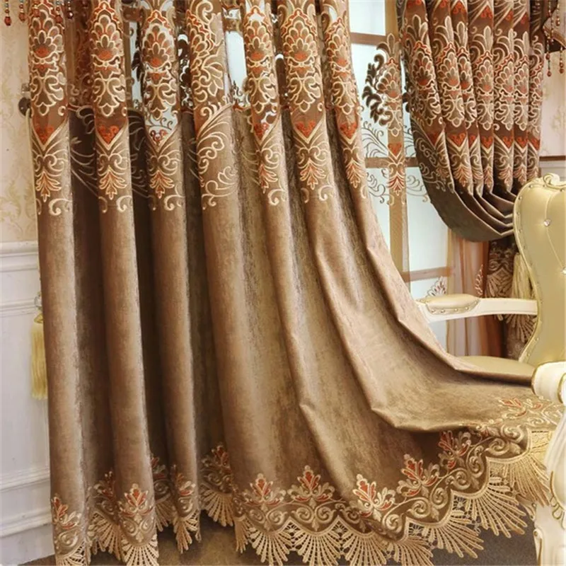Brown Cloth Роскошные плотные шенилловые шторы для гостиной с вышивкой, отвесный тюль для спальни, коричневые/синие полузатемненные шторы, X-WP320* 4 - Цвет: Brown Cloth