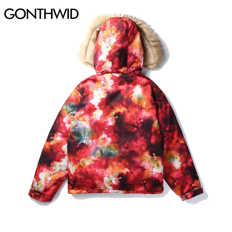 GONTHWID Galaxy Cotton Padded Removable Fur Hooded Parkas Coats Winter Fashion Thick Warm Parka Jackets Streetwear Hip Hop Tops