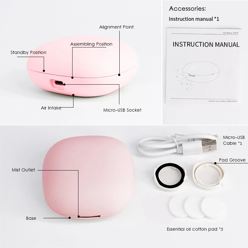 Ароматерапия небулайзер безводный розовый мини USB Перезаряжаемый muji портативный автомобильный диффузор