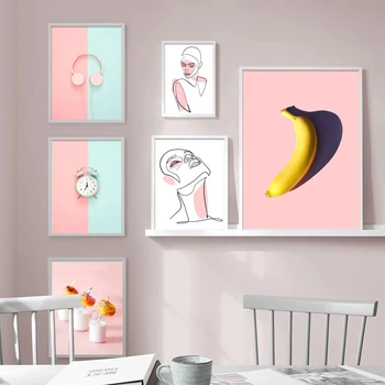

Nordic Headset Clock Banana Posters and Prints Line Girl Canvas Painting Abstract Pink Blue Background Wall Art Pictures