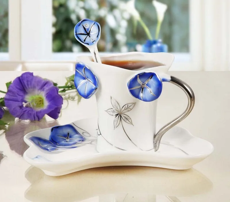 A Morning Glory Цветочные чашки и блюдца цвет эмаль кофейные чашки Креативный фарфор питейная посуда кружки Чайный набор керамические подарки - Цвет: A