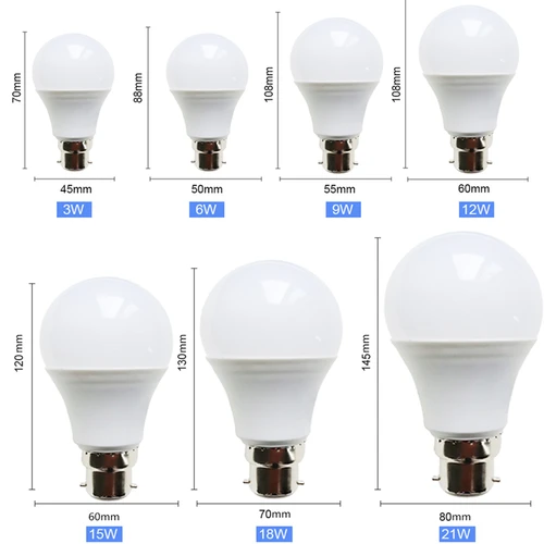 B22 LED 전구 총검 램프, 에너지 절약 램프, 콜드 화이트 웜 화이트 봄빌라, AC 110V, 220V, 230V, 3W, 6W, 9W, 12W, 15W, 18W, 21W 2
