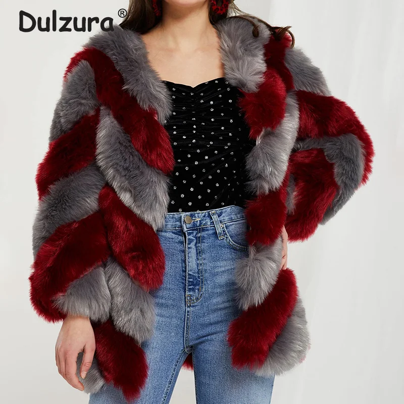 Stylish Ladies Girls Striped Fur Coat Women Luxury Contrast Patchwork