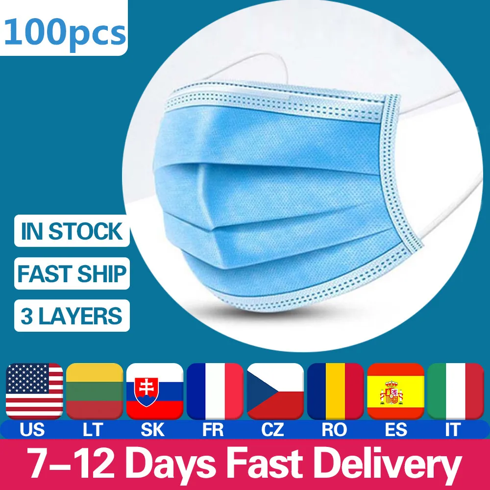 

100pcs Safe Anti-dust Windproof Face Mouth Protective Mask 3 Layers Filter Dustproof Earloop Non Woven Mouth Masks