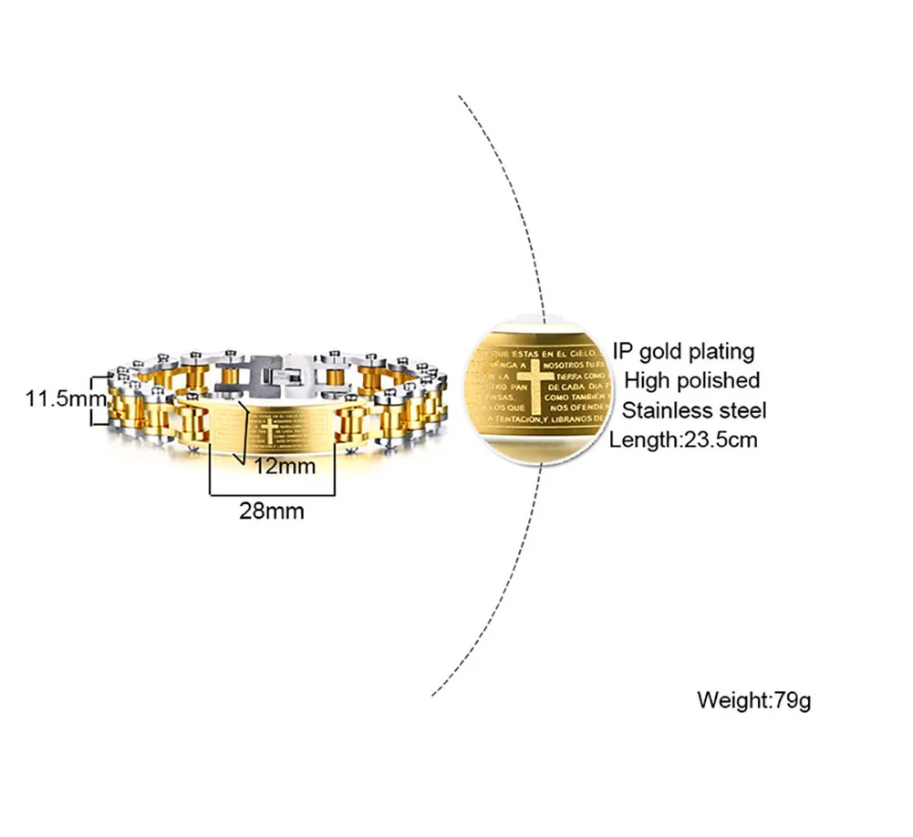 Мужской двухтонный велосипедный браслет с библейским крестом из нержавеющей стали для мужчин, мотоциклетная велосипедная цепь, мужские ювелирные изделия 23,5 см
