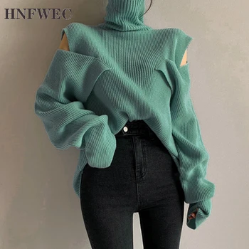 

Asymmetric Sweater For Women Turtleneck Flare Sleeve Off Shouder Patchwork Pullovers Casual Sweaters Female 2020 Autumn New