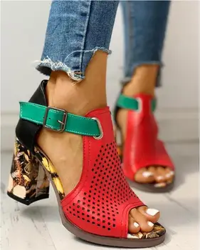 

Women Sandals Summer Shoes Flock Block Heels Buckle Strap Ladies Classic Sandals Female Fashion High Heels Zapatos De Mujer
