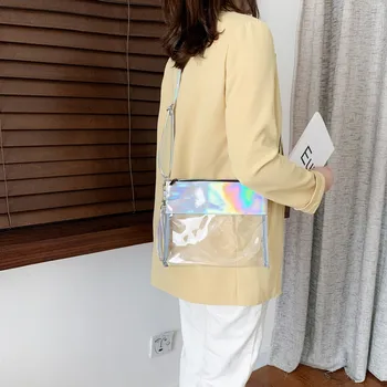 

Causual PVC Transparent Clear Woman Crossbody Bags Summer Tote Hasp Shoulder Messenger Bag Wide Straps Flap Handbags 2020 New