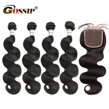 Onda do corpo Pacotes Com Fecho Brasileira Fechamento Do Laço Com Feixes de Cabelo 4x4 4 Fofocas Remy Pacotes Com Fecho cabelo humano # 1B(China)