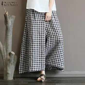 

Stylish Women Plaid Wide Leg Pants ZANZEA Summer Elastic Waist Loose Long Trousers Vintage Harem Pantalon Baggy Flare Palazzo