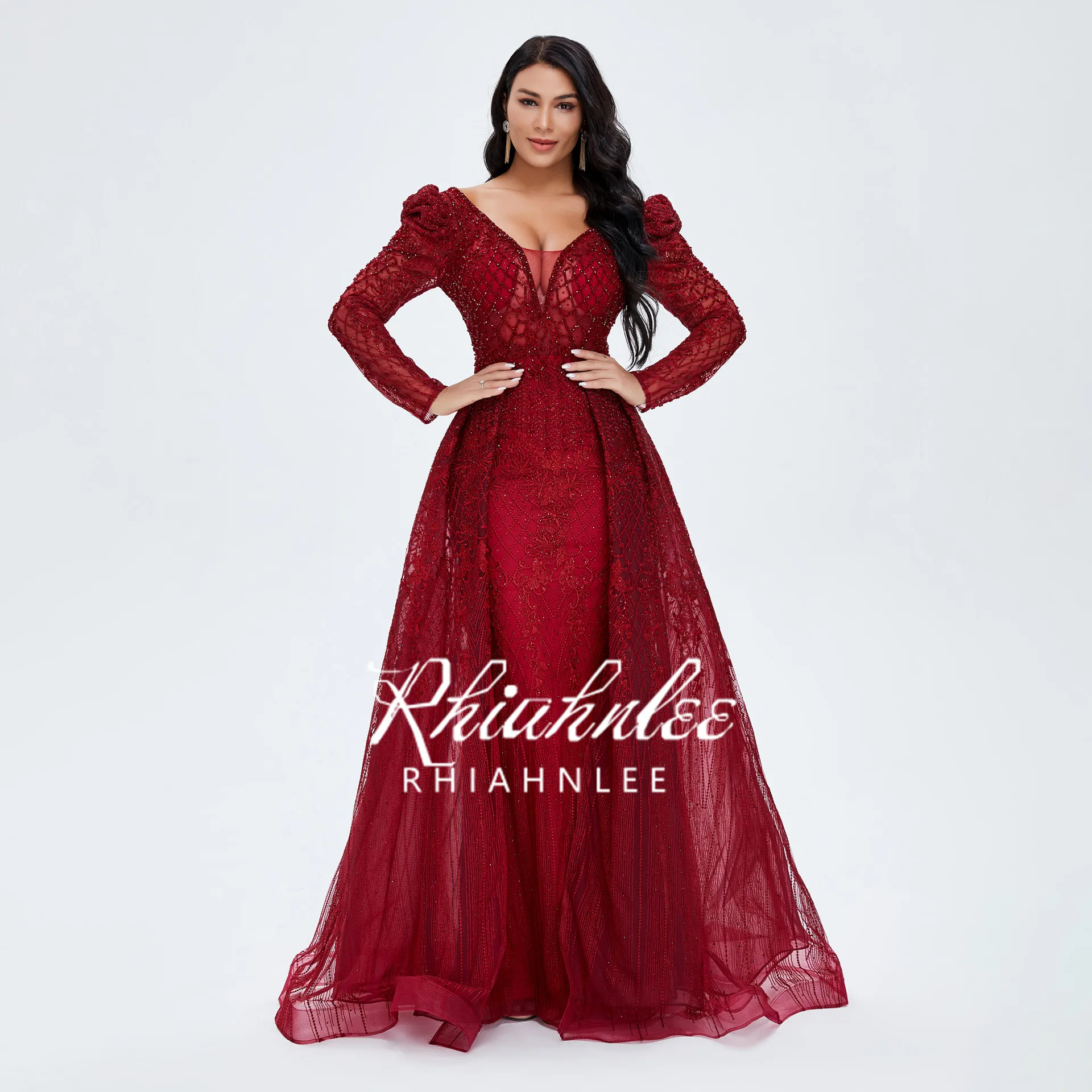 Роскошные винно-красные вечерние платья с V-образным вырезом и длинным рукавом