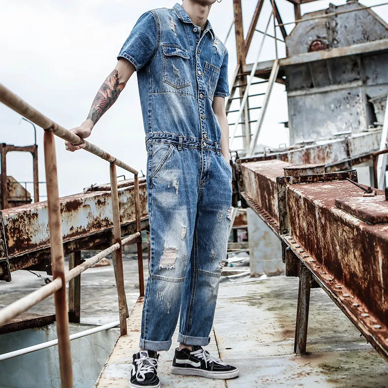 

Men's jumpsuit Men's Korean version of Slim Denim clothing Hole Denim Suit Men's Short-sleeved Overalls Size M-XXL