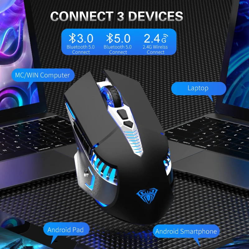 Перезаряжаемая Беспроводная игровая Bluetooth мышь с боковыми кнопками 3 режима (BT5.0