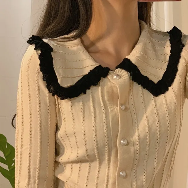 Очень нравится этот свитер! Жемчужный кардиган с пуговицами, Женский трикотажный топ с кружевным подолом, облегающая футболка Kawaii Jersey Mujer Pull Femme