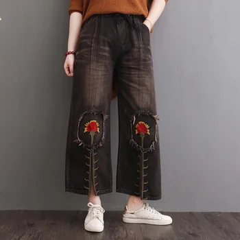 

Spring Summer High Waist Plus Size Jeans for Women Embroidery Streetwear Loose 2020 Korean Fashion Cotton Denim Wide Leg Ladies