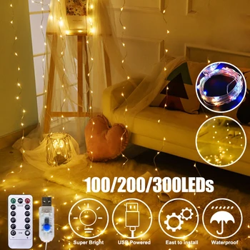 

Remote Control USB Lights Garland Bedroom Window Holiday Lighting LED Christmas Decoration Curtain String Lights