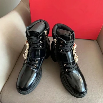 

Women Crystal diamond buckle lace-up boots Patent leather boots Square root Genuine Leather shoes Keep warm autumn winter shoes