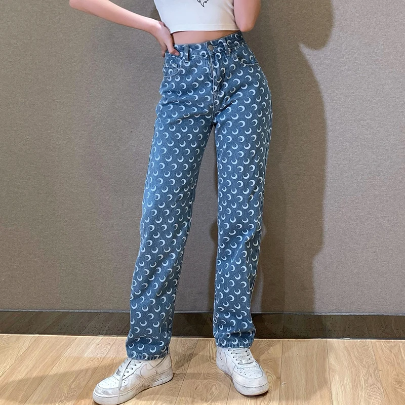Moon Print Pants Straight Leg Mom Jeans Women High Waist Denim Trousers Slim Streetwear 2021 Fashion Y2k Style Baggy Clothing