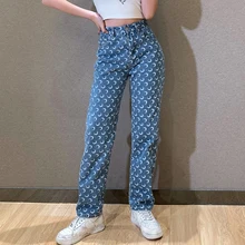 

Moon Print Pants Straight Leg Mom Jeans Women High Waist Denim Trousers Slim Streetwear 2021 Fashion Y2k Style Baggy Clothing