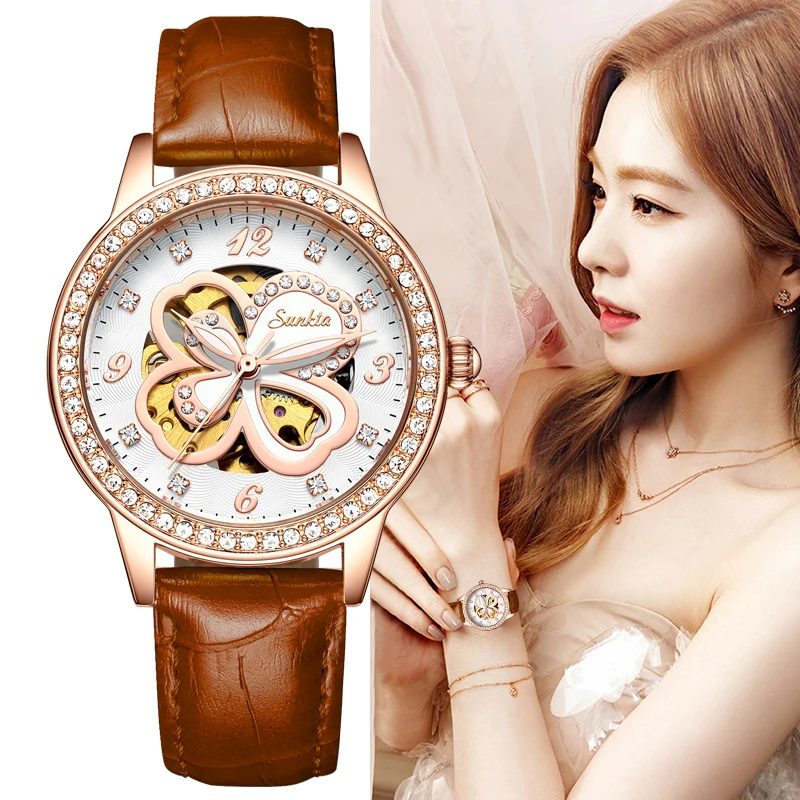 SUNKTA Fashion Four Leaf Clover Automatic Watch Women Top Brand Luxury Watch Ladies Casual Sports Waterproof Diamond Watches+Box