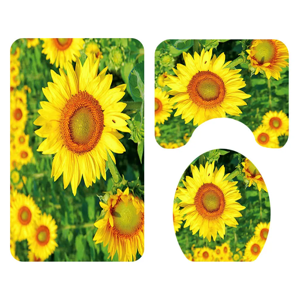 Zeegle Sun Flower Bath Mat Set Shower Curtain Set with Hooks Washable Toilet Foot Rug Lid Toilet Cover Mat Bathroom Entrance Mat - Цвет: SY195