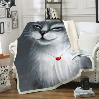 

Cute Cat Sherpa Blanket on Bed Cartoon Animal Plush Throw Blanket for Kids Boys Girls Bedspread Cat Fluffy Blanket Grey Pet