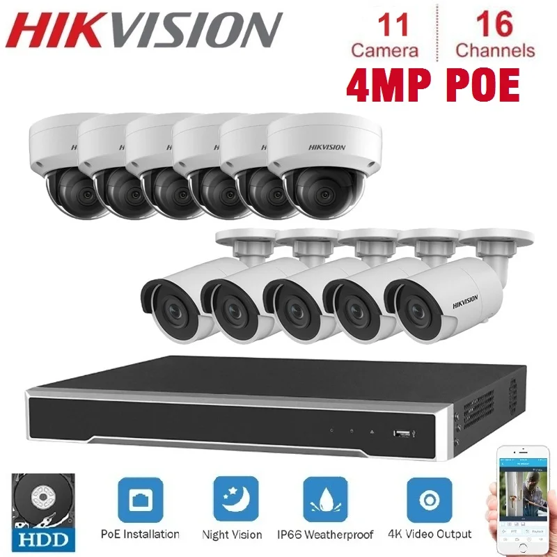 

16-CH Hikvision POE NVR video surveillance connection 11Pcs 4MP IP camera network surveillance Hybrid Kit