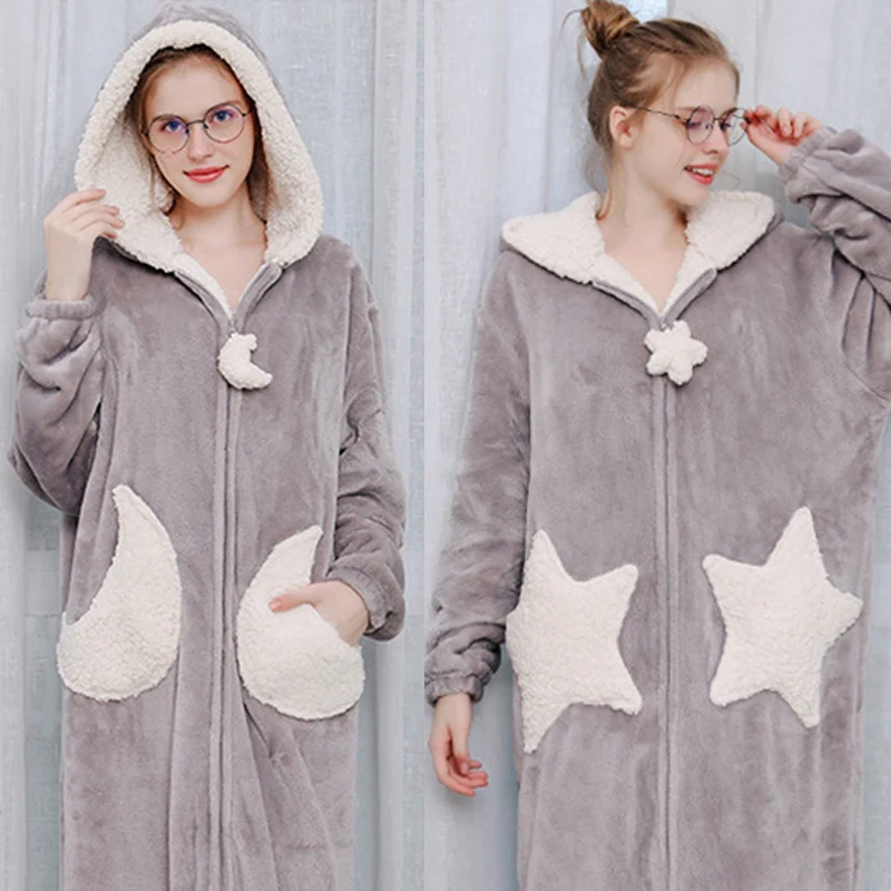

New Style Long Flannel Fleece Hooded Dressing Gown Women Men Warm Star Moon Zipper Sleepwear Robe