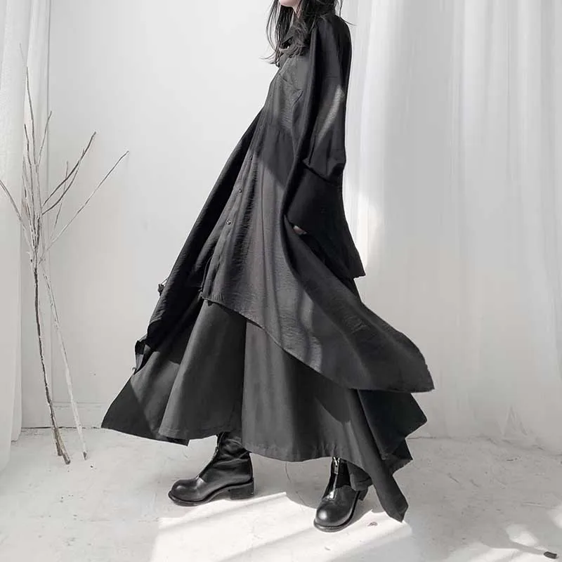 black set NiceMix асимметричное платье размера плюс однобортное женское свободное платье с отложным воротником женские платья Harajuku женская одежда - Цвет: black set