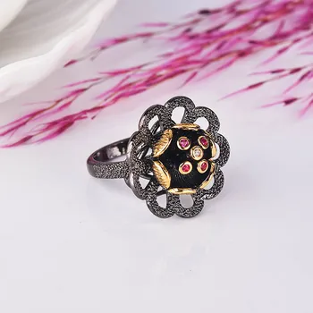 

Italian Jewelry Vintage Gothic 925 Silver Rings for Women Elegant Flower Black Gold Finger Rings Wedding Band Jewelry