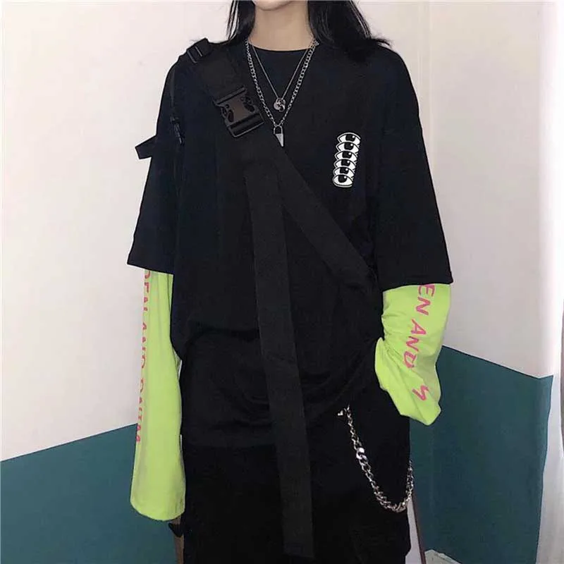 

NiceMix Harajuku T Shirt Fake Two Pieces Shirt Wome Stitching Long Sleeve Tops Aesthetic Grunge High Street Graphic T Shirts Str