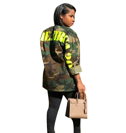 Women's Green Camouflage Long Jackets Plus Size Long Sleeve Camo Streetwear Coat femme