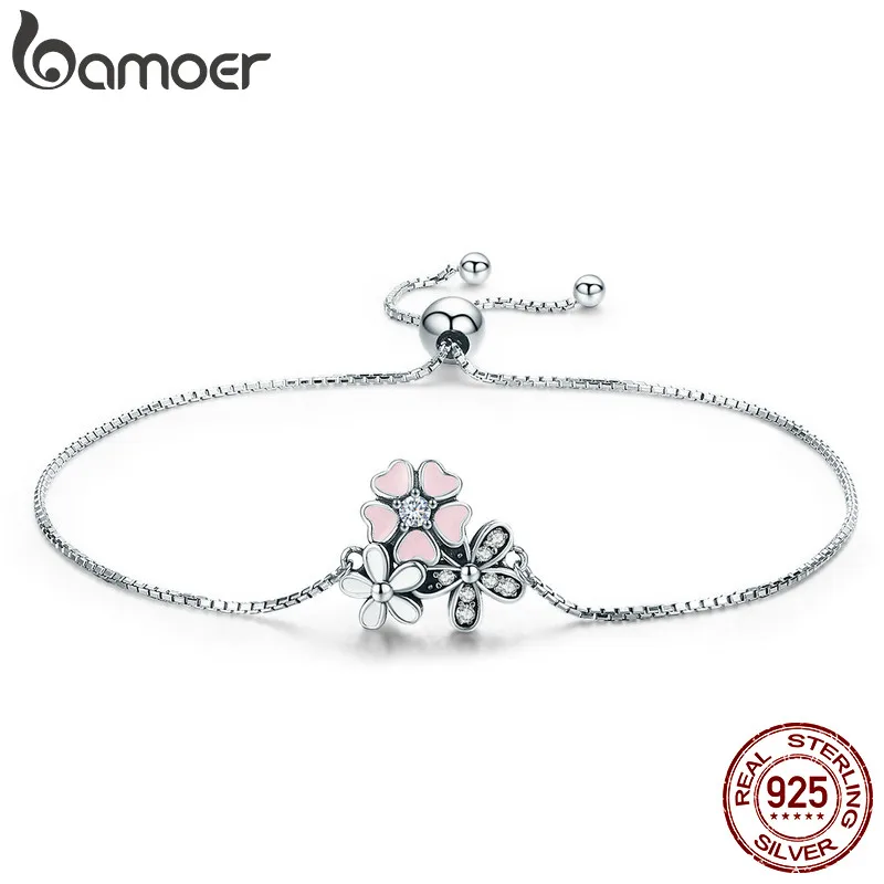 Ceny BAMOER moda nowy 100% 925 Sterling Silver Cherry Daisy łańcuch kwiatowy Link kobiety bransoletka srebro biżuteria prezent SCB055
