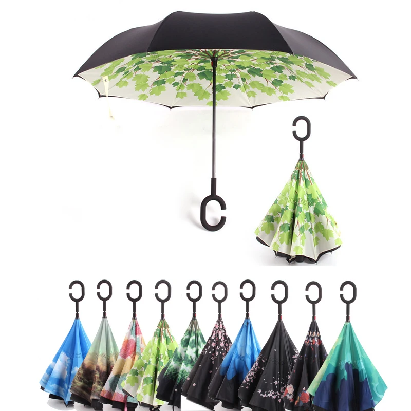NEWHandle Windproof Reverse Folding Umbrella Man Women Sun Rain Car Inverted Umbrellas Double Layer Anti UV Self Stand Parapluie