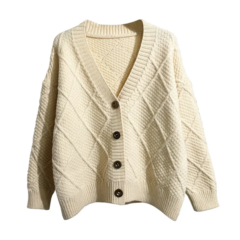 Autumn 2019 Women Fashion Knitted Cardigans Korean Style Loose Rhombic Casual Long Sleeve V Neck Sweaters Coat Soft Clothes
