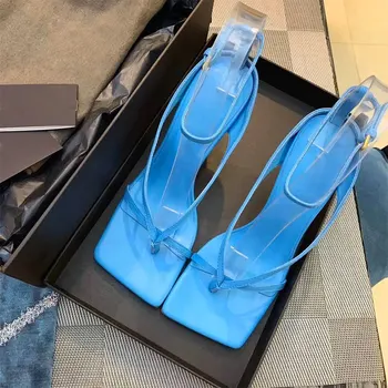 

Pinch Narrow Band High Heel Sandals Blue Square Open Toe Buckle Strap Stiletto Heels Gladiator Sandal Banquet Flip Sandals