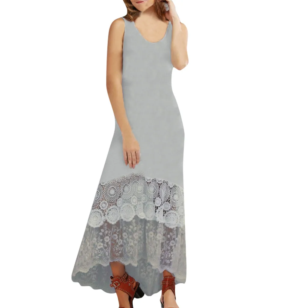 Dress Summer Women Long Pop Tide Lady Summer Fashion Solid Color Vest Sleeveless Lace Dress Vestito Donna