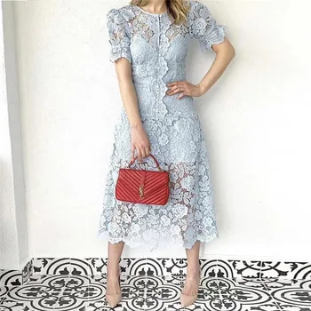 

CBAFU hollow out long lace blue dress women short sleeve party summer dress a-line big swing maxi dress puff sleeve F052