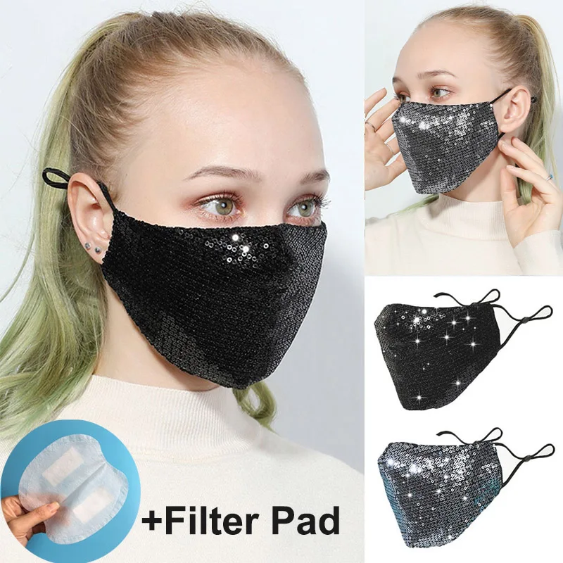 

Fashion Face Mask Bling Bling Sequin Mask Women PM2.5 Filter Pad Anti Dust Mouth Mask Washable Reusable Masks Adjustable Earloop
