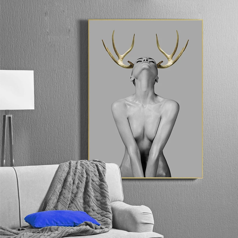 GIRL WITH GOLDEN ANTLERS MODERN CANVAS