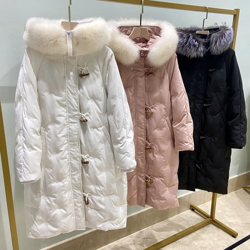 

90% Down Jacket Women Coat Large Natural Fur Collar Hooded Parkas 90% White Duck Down Coat Ox Horn Button Thick Snow Outwear