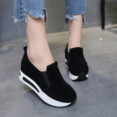 Женские кроссовки на высоком каблуке; лоферы; черные кроссовки; обувь на платформе; женские повседневные кроссовки из флока на высокой платформе; scarpe donna - Цвет: Черный
