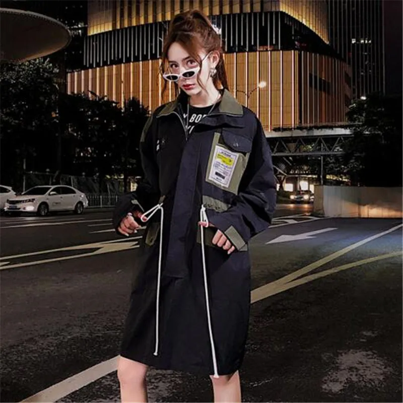 Индивидуальная пара мода уличная длинная куртка пальто для мужчин harajuku пальто для женщин ветровка на талии drawstring Тренч для мужчин - Цвет: Черный