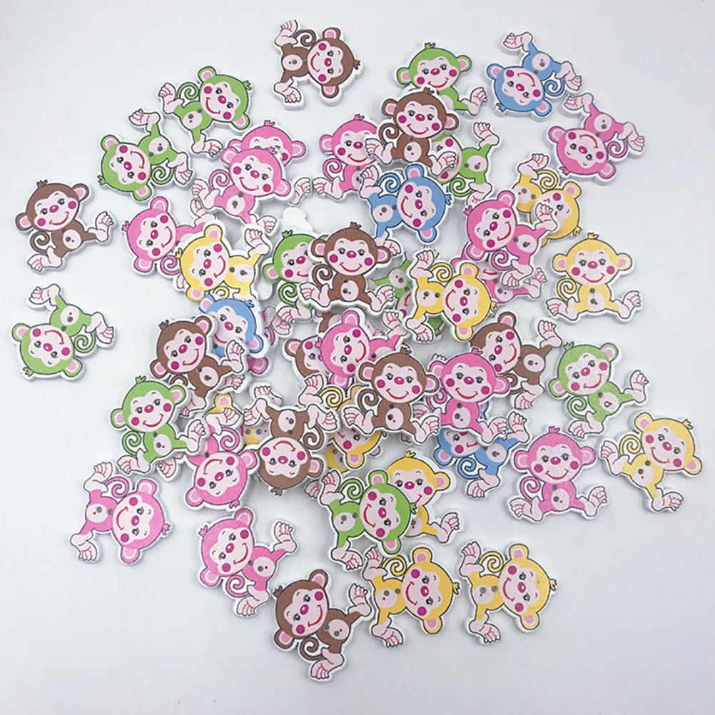 50Pcs Lovely Monkey Pattern Wooden Buttons Wooden Colored Cartoon Pattern Buttons DIY Buttons For Scrapbooking Crafts