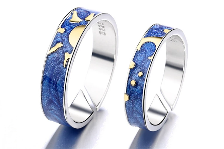Модные парные кольца Van Gogh Moon Star в Корейском стиле из стерлингового серебра 925 пробы, синие кольца с надписью Love, регулируемые кольца для мужчин Unix R266
