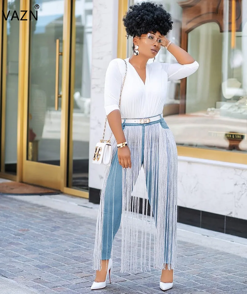 

VAZN YZ727 New Mature Elegant Denim Pants Women Solid Thin Markedly Higher Popular Joker Tassel Patchwork Novelty Pencil Pants