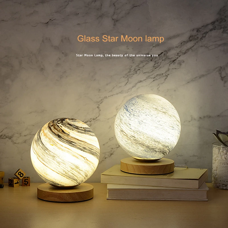 LED Glass Star Moon Lamp Remote Control Table Lamp USB Wooden Art Atmosphere Light Wedding Home Bedroom Dinner Party Home Decor