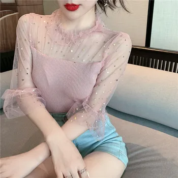

Patchwork Sequined Mesh Ruffles Neck Knitted Half Sleeve Solid Thin T-shirts Girls Knitting Large Elastic Tees Tops Tshirt Women