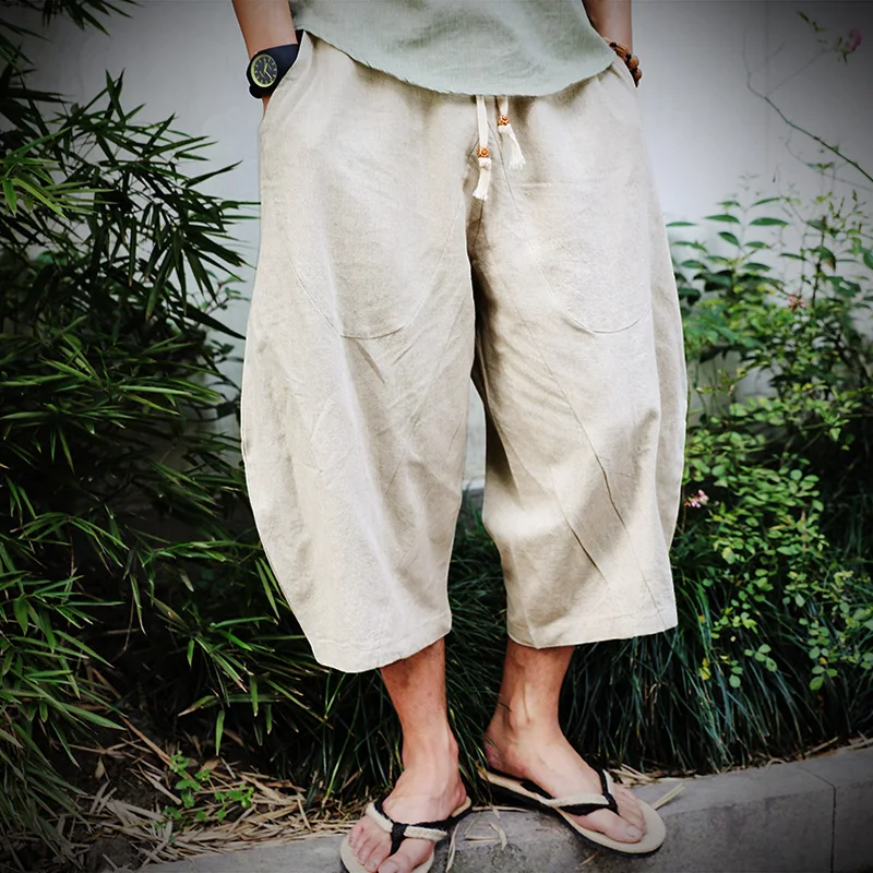 Wide Leg Pants Men Cotton Linen Baggy Hip Hop Bloomers Calf-Length